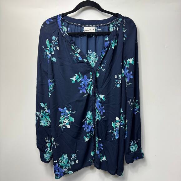 Ava & Viv Women's Navy Blue Floral Semi Sheer Button Down Shirt Size 4X - Picture 1 of 10